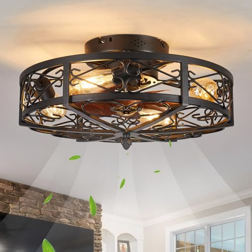 MeZeYo - Ventilatore da soffitto da 20 pollici in gabbia con luce e telecomando, ventilatori a soffitto a basso profilo senza pale con luci chiuse, ventilatore classico a 6 velocità reversibili per