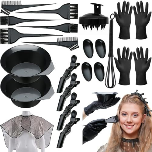 Kakveiai 23 StückHaarfärbepinsel Haare Faerben Set, Haar Färben Färbung Set, Färben Färbung Set, Haarfärbe-Set, Wiederholbar,mit Kopfhaut Massagebürste, für DIY Salon Haarfärbemittel,Friseur Zubehör