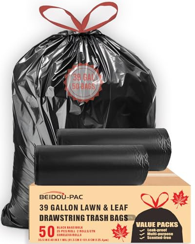 BEIDOU-PAC 39 Gallon Lawn & Leaf Trash Bags Drawstring, 50 Count, Heavy Duty Black & Unscented Plastic Bags, Multi-purpose Garbage Bags for Home Commercial, Outdoor, Construction, Industrial