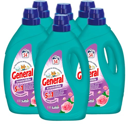General Irresistibile 5in1 Detersivo Liquido per Lavatrice 54 Lavaggi Azione Scioglimacchia Efficace anche a Basse Temperature Bianco Profondo e Colori Brillanti - 6 Flaconi da 2,43L