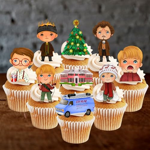 PRECUT Home Alone Cupcake Toppers, Edible Christmas Cake Decorations (12)