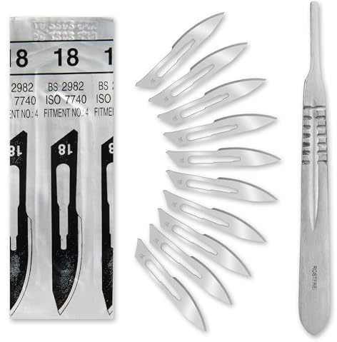 Set - 50 Stück sterile Skalpellklingen Figur 18 aus Karbonstahl - Ersatzklingen + 1 x Shehadeh - Skalpell-Halter - Edelstahl
