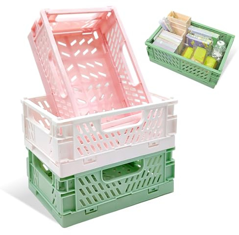 Vordpe 3 Stück Klappkiste, Plastik Klappkorb, Mini Aufbewahrungskiste, Stapelbar Aufbewahrungsboxen für Wohnzimmer Regal Küche Schlafzimmer Schublade- 15x9.7x6cm