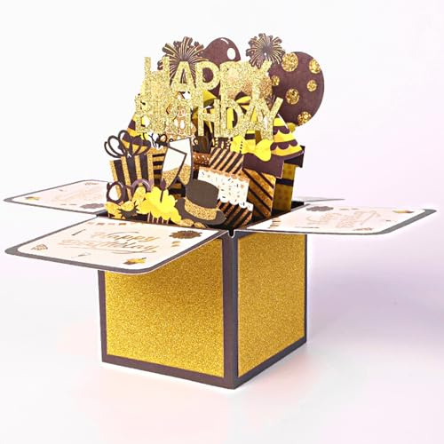 Geburtstagskarte,3D Pop Up Geburtstag Karte Happy Birthday Grußkarte mit Umschlag für Mama Frauen Männer Familie und Freunden Romantik Geschenk-Karte (Gold)