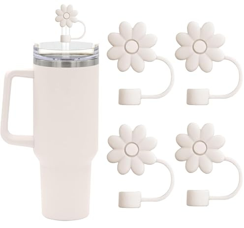EnigmaDrops Flower Straw Covers Toppers for Stanley Cups 30&40 Oz Tumbler Accessories 4PCS Silicone Straw Caps Reusable Tips Protectors for Stanley Cup 10mm 0.4in Straws,Off White