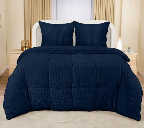 Utopia Bedding Seersucker Påslakanset - Mjukt Påslakan av Polyester med Mikrofiber 240x260 cm Med 2 Örngott 65x65 cm - Marinblå