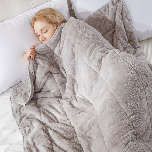 Teddy Fleece Weighted Blanket for Adults Fluffy Quilted Pockets Throw Soft Sherpa Throw Heavy Blanket Winter Sleep Therapy Autism Insomnia Sensory Anxiety Stress Relief Silver Grey, 150 x 200cm - 8kg
