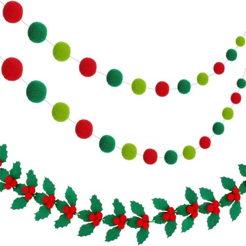 3Pcs Christmas Felt Ball Holly Leaves Pennant Banner Bunting for Xmas Thanksgiving Day Decorations, New Year Celebration Hanging Décor Backdrop Garland (Red Green - 3pcs)