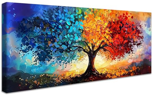 Albero Della Vita Blu Giallo Rosso Stampa su Tela Con Cornice Albero Colorato Floreale Pittura Quadri su tela Quadri Moderni Poster da Parete Decorazioni da Parete Soggiorno Camera da Letto 50x120cm