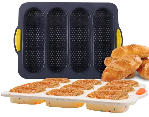 Dynaeuty 2PCS Silicone Baguette Pan, 13x8.8 Nonstick French Bread Bake Mold, 9 Gutter Perforated Ham Burger Buns Sandwich Rolls Pans, 4 Wave Long Loaf Toast Mold Baking Tray for Oven Baker - (B)
