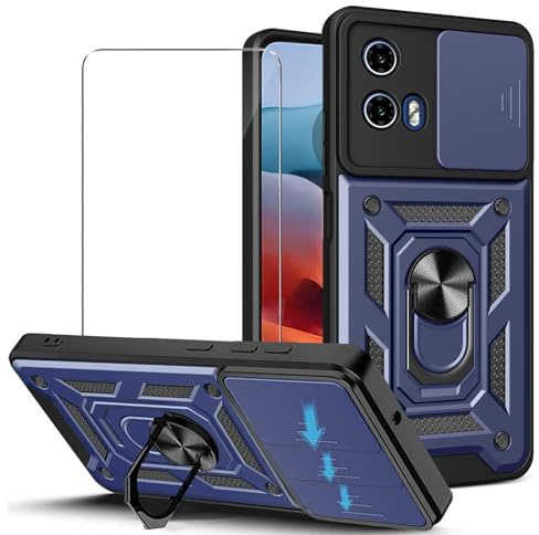 JDXHFF Azul Funda para Motorola Moto G35 5G (6.72) con Vidrio Templado | con 1 Piezas Protector de Pantalla - PC Dura y Suave TPU Carcasa Silicone con Giratorio de 360° Soporte Cubierta Case