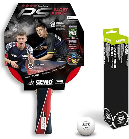 GEWO PS Blast Junior Tischtennisschläger - ITTF genehmigter Anfänger-Tischtennisschläger für Kinder und Jugendliche, Fertigschläger mit kontrolliertem Belag und hoher Rotation, konkav, 1,8mm Schwamm