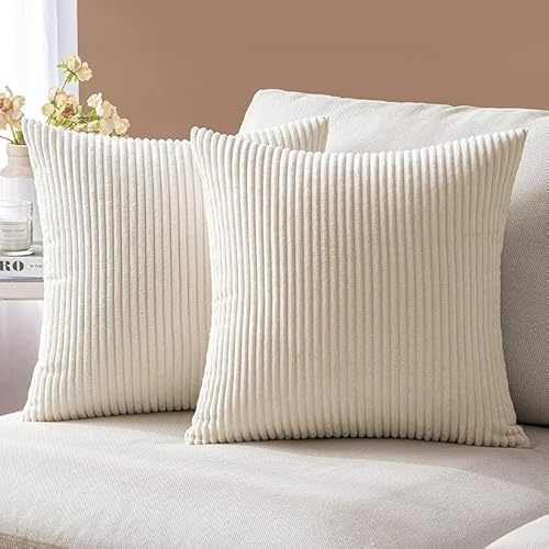 AMFUN 2 Piezas Fundas Cojines de Pana,40x40 cm Funda de Almohada de Corduroy Súper Suave Cojin de Pana a Rayas,Decoracion Hogar,Funda Cojines con Cremallera Oculta para Sala de Estar, Sofás, Camas