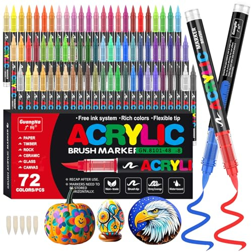 Funnasting 72 Color Rotuladores Acrilicos, Cabeza de Cepillo Suave Rotulador Acrilico, Marcadores Acrílicos para Colorear Vidrio, Pinturas Rupestres y Artículos de Artes y Oficios de Bricolaje