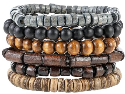 GAUEIOUR 6Pcs Mens Beaded Bracelet Multi-Layer Wooden Beads Wrist Gothic Adjustable Elastic Natural Retro Punk Meditation Prayer Cuff Wrap Bangle Jewelry Set
