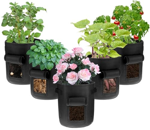 QWORK® 5-Pack 10 Gallon Potato Grow Bags, Black Plant Growing Bags with Harvest Window, for Gardening, Vegetables