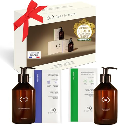 Coffret Cadeau Tonique Less is More Gel Douche Naturel+ Savon Liquide Mains en Poudre à Diluer, Kit 2 Bouteilles PET 250ml + 2 Recharges Ecologiques, Made in France, 2x250ml, Secret Santa, Cadeau Noël