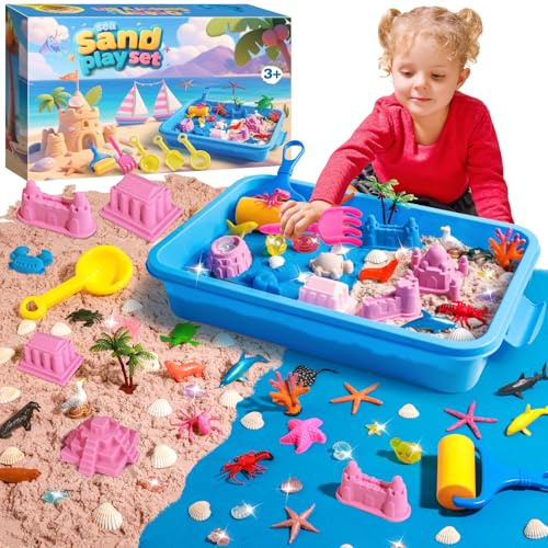 twoonto Play Sand Art Kit, Ocean Sensory Bin with 3.3lbs Color Sand, Sandbox Sensory Toys, Sea Animal Molds Castle Molds for Girls Boys 3 4 5 6 7 8 9, Sandbox Toys for Kids Birthday Xmas Gifts