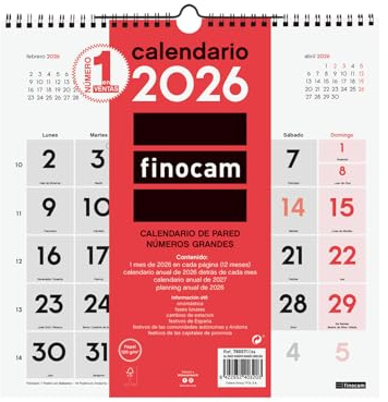 Finocam - Väggkalender stora siffror 2026 månadsvy januari - december 2026 (12 månader) | kalender 2026 | neutral månadsplanerare - spanska