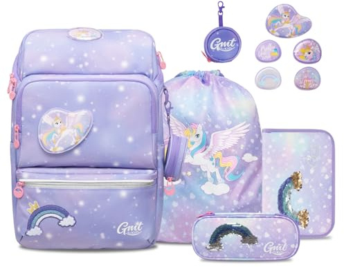 GMT for Kids Schulranzen Set 6-teilig - Ergonomische Ultraleichte Schultasche Mädchen Junge Kinder Schulrucksack für 1-6 Klasse 22 L- Einhorn