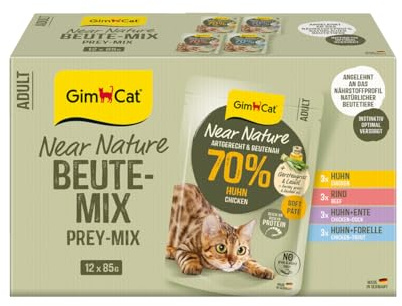 GimCat Near Nature provblandning 12 – spannmålsfritt våtfoder för katter från den 7:e Månad med artlämplig och beutenaher recept – 12 påsar (12 x 85 g)