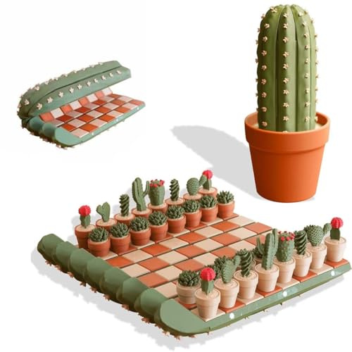 3D Printed 32PCS Cactus Chess Board Set, Ensemble D'échecs Cactus – Cactichess, Pièces d'échecs de Plantes succulentes, Jeu d'échecs 3D Enroulable, Jeu de société botanique Portable pour Voyage