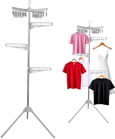 Trendi Collapsible Clothes Drying Rack – Stainless Steel Foldable Tripod Coat Hanger with 3 Arms & 24 Clothespins, Corner Garment Storage Shelf Stand, Portable Laundry Organizer for Indoor & Outdoor