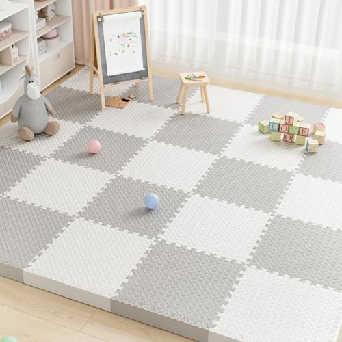 16 Stück Puzzleteppich, 30x30x1.2 cm Puzzle Teppich Matte, Weiche Anti-Rutsch Schaumstoff-Bodenmatten, mit Rand, Mehrfarbige Spielmatte für Schlafzimmer, Wohnzimmer (Weiß + Grau)