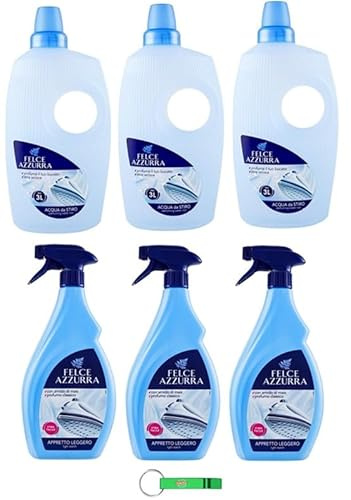 Felce Azzurra, set di test per vestiti, acqua profumata per ferro da stiro, 3 x 1000 ml + aiuto per stiratura, leggermente rinforzante, 3 x 750 ml + portachiavi Beni Culinari