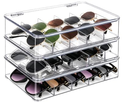 3 Stück Sonnenbrillen Aufbewahrung aus Acryl mit Staubschutzkappe | Brillen Organizer Aufbewahrungsbox - Stapelbare Brillenhalter und Brillenregal - Schubladenbox Setzkasten für Mehrere Brillen