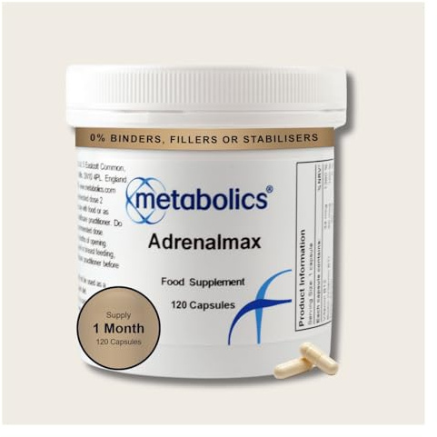 Metabolics Adrenalmax 120 Capsules, Adrenal & Stress Supplement with Calming L Theanine, Betaine, Magnesium, Olive Leaf & Green Tea Extract- Support for Healthy Adrenal Gland Function