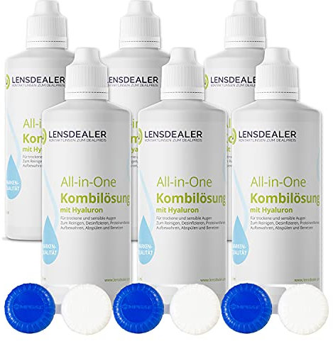 Lensdealer All in One Kontaktlinsenflüssigkeit | 6x 360ml + 6 Behälter | Kombilösung zur Reinigung von weichen Kontaktlinsen