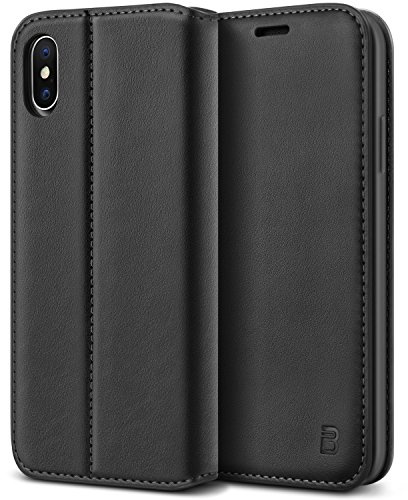 BEZ iPhone X/XS Hülle Schutzhülle Flip Case Cover Schutzhüllen aus Klappetui mit Kreditkartenhaltern, Ständer, Magnetverschluss, Schwarz