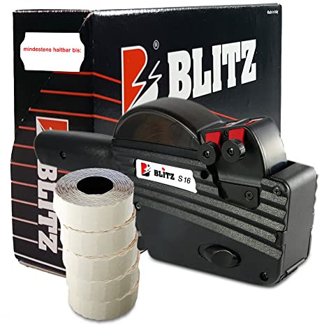 Preisauszeichner Set Blitz S16 inkl. 5 Rollen 26x16 Preisetiketten - weiss permanent | Aufdruck: mindestens haltbar bis | HUTNER