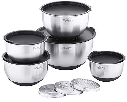 Velaze Juego de cuencos de acero inoxidable, 5 unidades, ensaladera con tapa, cuenco para mezclar con 3 ralladores, base de silicona antideslizante, 5 l, 3 l, 2 l, 1,5 l, 1 l, diferentes tamaños para