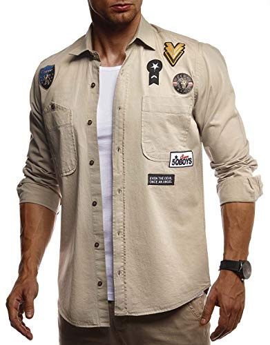 Leif Nelson Herren Hemd Freizeithemd T-Shirt Langarm 100% Baumwolle Männer Langarmshirt Oversize Jeanshemd Jungen Basic Shirt Kurzarmshirt Jeansjacke Sommerhemd LN3845 Beige Small