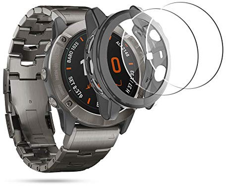 NEWZEROL Coque en TPU + 2 Pièces Protecteurs d'écran en Verre Trempé Compatible pour Montre GRMN Fenix 6X Pro/Fenix 6X Pro Sapphire/Fenix 6X Pro Solar, Couverture Complète étui en Silicone - Noir