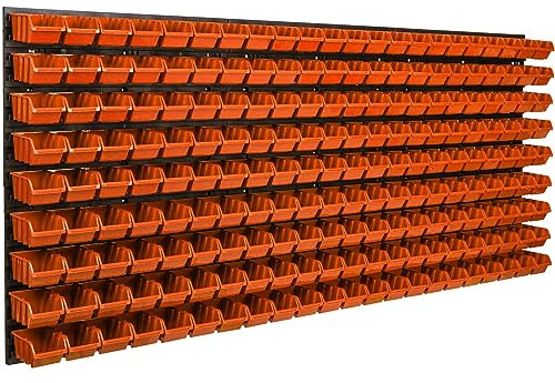 Lot de 198 bacs a bec oranges avec étagères murales empilables 173 x 78 cm, boites de rangement de vis, clous petits trucs, panneau a fixer au mur, modulable solide