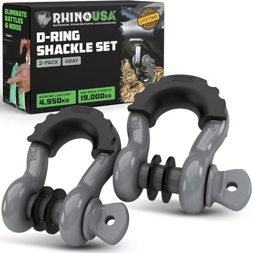 Rhino USA D-Ring Schäkel Groß (2er-Set) - 18.983kg Bruchfestigkeit | Schwerlast 1,9cm Augbolzen-Schäkel mit 2,2cm Bolzen für Abschleppgurt, Winde & 4x4 Offroad-Bergung. Grau