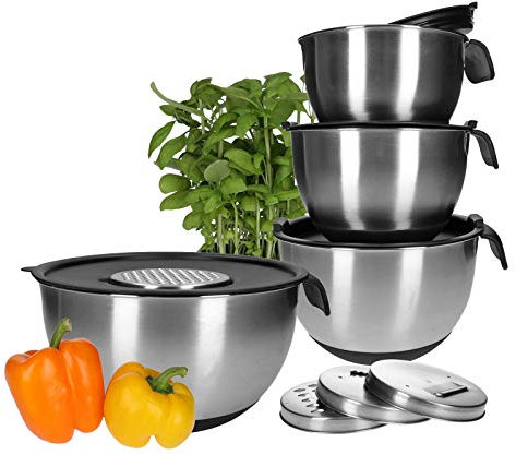 TP Schüssel-Set aus Edelstahl, 13-teilig, Anti-Rutsch Rührschüsseln mit Deckel, Griff, Messbecher und Ausguss, inkl. Zubehör, Spitz-Schutz für Teig, Gemüse-Hobel zum Reiben von Salat, stapelbar