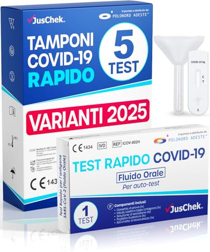 Adeste – 5 Tamponi COVID 19 rapido 2025 - Test Salivari Nuove Varianti 2025 - Certificato per uso domestico - Non Invasivo, Non Fastidioso, Facile da Usare