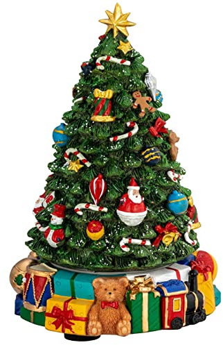 Spieluhr Weihnachten Polyresin - 22,5 cm große Musikdose mit Weihnachtsbaum & Geschenken, nostalgisch verziert & drehendem Karussell - spielt „Oh Tannenbaum“, festliche Weihnachtsdeko & Geschenkidee