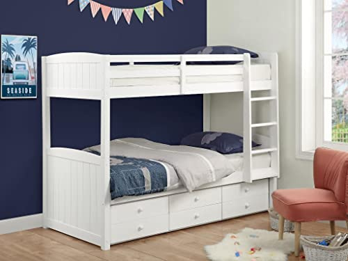 Vente-unique Etagenbett Stapelbett mit Lattenrost & Stauraum - 2X 90 x 190 cm - Kiefernholz - Weiß - ANCHISE II
