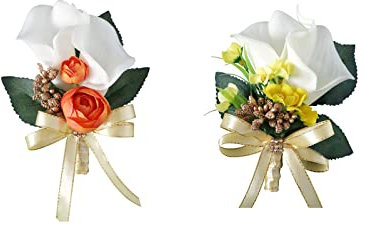 Panonw 2 Stück weiße Calla-Lilien mit goldenen Beeren, handgefertigte Seidenblume mit Schleife, Ansteckblume für Hochzeit, Bräutigam, Trauzeuge, Brosche, Rosenbrosche