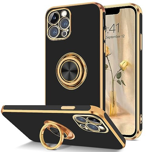 DOMAVER Case for iPhone 12 Pro Max with 360° Ring Holder, Shockproof Slim Kickstand Magnetic Support Car Mount Women Men Non-Slip Protective Phone Case for iPhone 12 Pro Max 6.7, Black/Gold