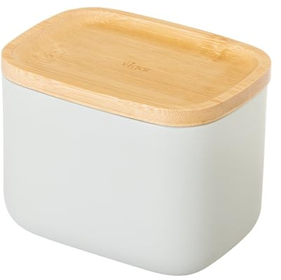 Vigar Zense Light Gray Rectangular Decorative Containers with Lids, Bathroom Storage Containers for Cotton Balls, Cotton Buds, Hair Products, Round Pads, Fine Polyresin Stone, and Bamboo