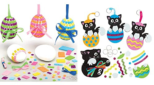 Baker Ross Mosaik Osterei Bastelset für Kinder (4 Stück) Steckspiel Kreativset & FX544 Mix und Match Oster-Katzen-Schlüsselanhänger-Bausätze - Packung mit 8, Schaumstoff-Osterbastelset für Kinder