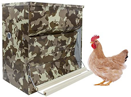 Futtertrog für Hühner und anderes Geflügel | 30 kg Futtertrog mit Fußpedal | Automatischer Trichter Vogel- und mäuseabweisend | Camouflage-Farbe | Verstellbares Pedal
