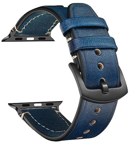 CeiBand Leder Armband für Apple Watch Series 11 46mm/42mm/44mm/45mm/49mm | Vintage Leder Ersatz Armband Edelstahl Dornschließe Uhrenarmband für iWatch Ultra3 Series 11 10 9 8 7 6-1 SE3 (Blau)