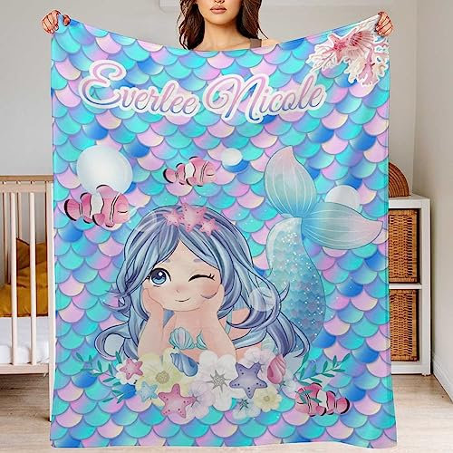 Cyiecweu Personalisierte Babydecke Kinderdecke mit Namen Individuelle Meerjungfrau Decke für Mädchen Personalisierte Baby Decke Geschenke für Geburtstag Fleece Blanket for Room Decoration,150x200cm